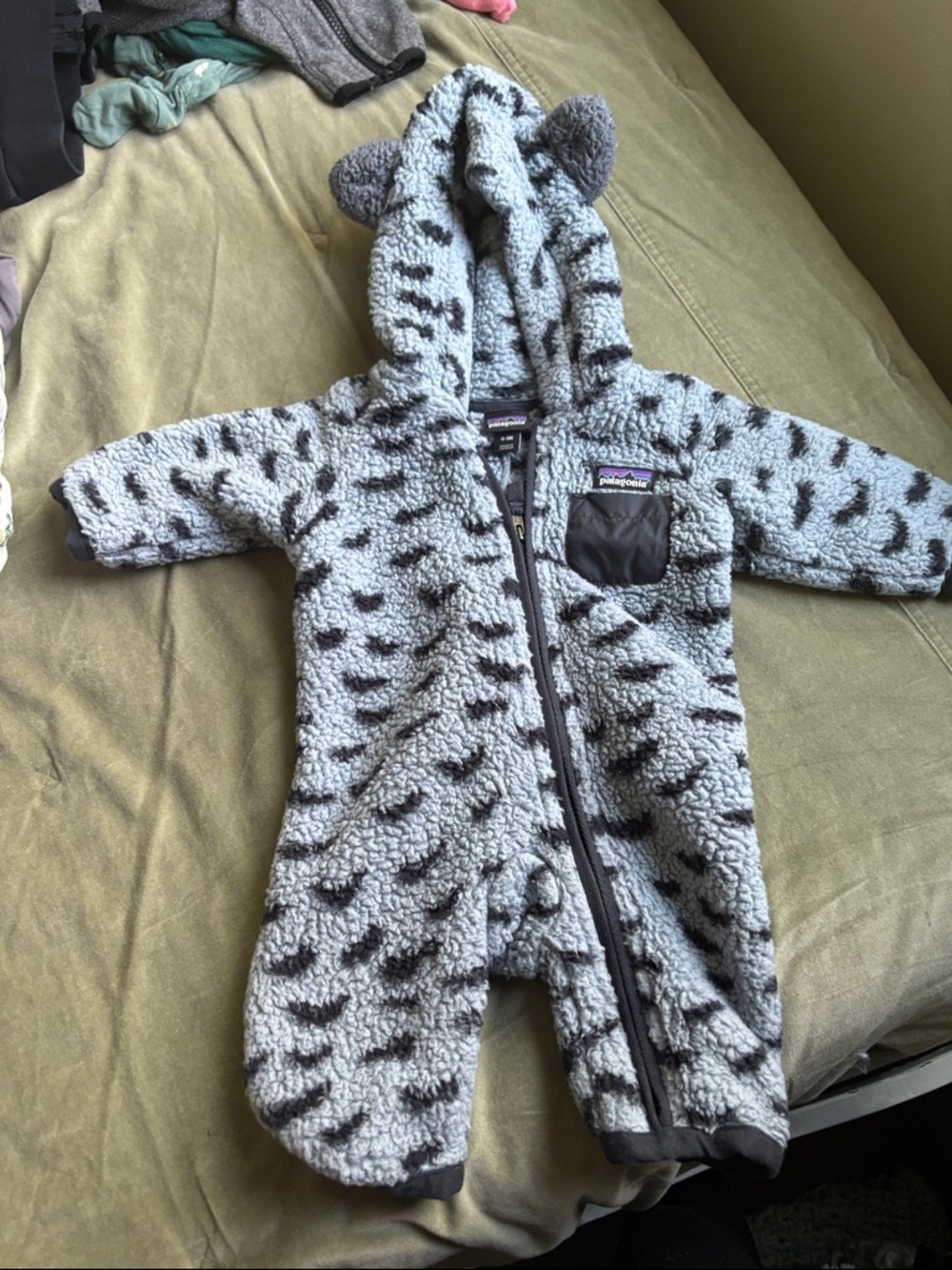 Patagonia light blue and navy  Baby Sherpa Hooded One-Piece